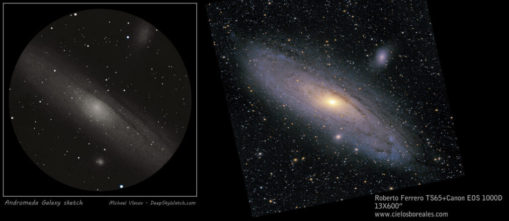 La Galaxia de Andrómeda. Un objeto relativamente sencillo de observar. Las zonas externas de la galaxia son difíciles de observar en visual.
