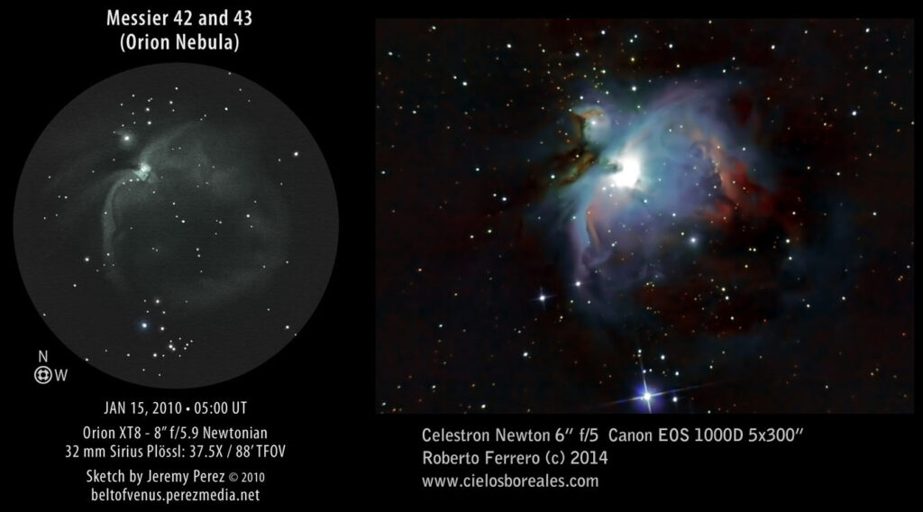 Comparación entre observación visual de M42 y fotografía.