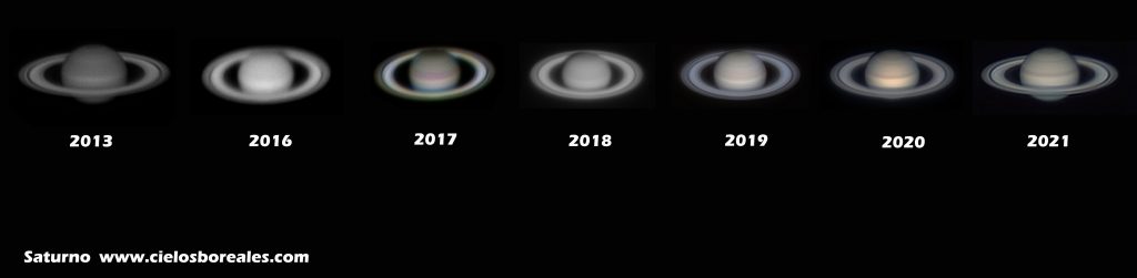Diferentes imágenes de Saturno con el paso de los años